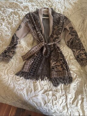 Sioni Beige and Black Paisley Fringe Knit Belted Cardigan